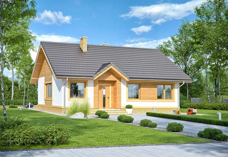 Проект Одноэтажного каркасного дома Амур с террасой и двускатной крышей в Новгородской области